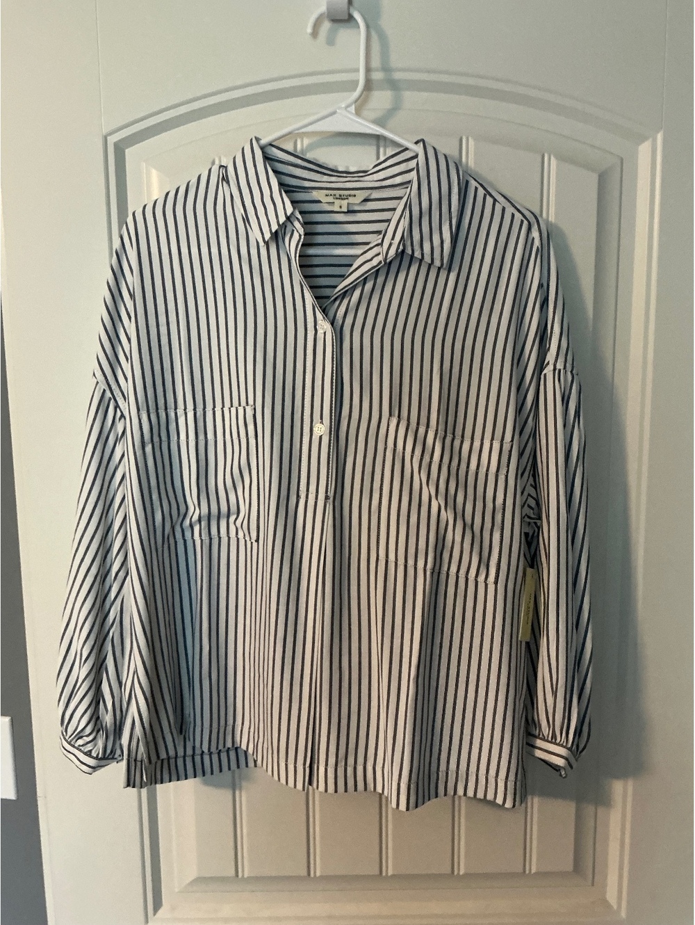 NWT Max Studio Navy Stripe Half Button Down Blouse size Small
